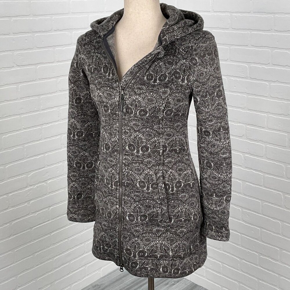 Athleta Jacket Women 2XSmall Gray White Zip Soft Knit Comfy Hoodie Mid length